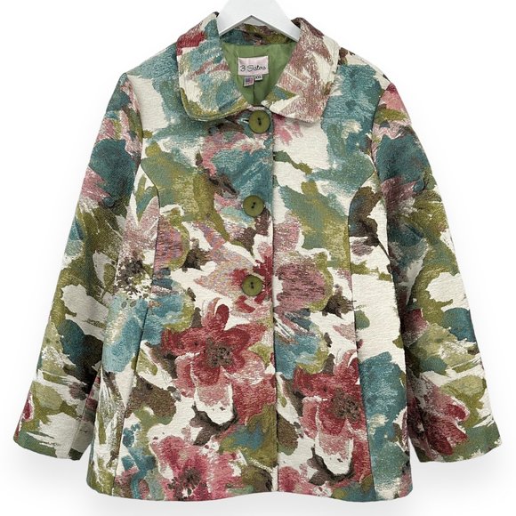 Designer Vintage Green Red Cream Pastel Paint Stroke Floral Jacket Coat - Picture 1 of 6